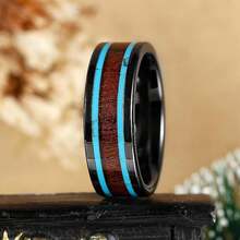 8毫米时尚黑色不锈钢戒指，镶嵌合成绿松石和木纹，独特叠戴戒指，扁平造型，佩戴舒适，珠宝礼品 - 雙邊綠松石木紋 - 查看 11