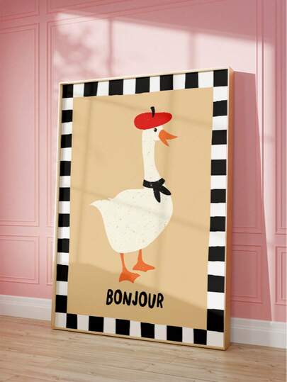 1 pieza Impresión de arte de pared sin marco que presenta un ganso peculiar en el centro de un fondo a rayas blanco y negro, un divertido póster de animal vintage, adecuado para dormitorios, salas de estar, dormitorios, decoración de habitaciones, pósteres personalizados, decoración vintage