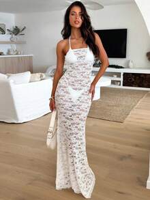 Spring Summer New Women's Fashion Sexy Minimalist Sexy Style Lace Cutout Slim Strapless Open Back Vacation Beach Maxi Dress White Party - White - View 6