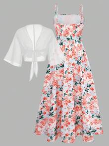 Bộ váy và áo khoác chiffon họa tiết hoa nhí thanh lịch dành cho nữ, trang phục thời trang cho buổi hẹn hò, kỳ nghỉ, dạo phố, mùa hè và mùa xuân. - Nhiều màu - Xem 2