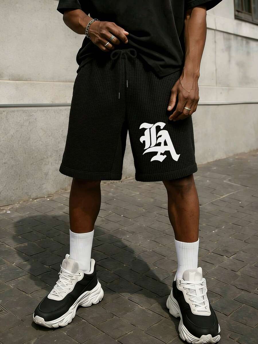 FRACTYR 男士夏季简约时尚印花抽绳短裤 | 街头休闲夏季裤 - 黑色 - 查看 1