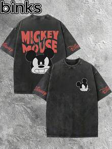 Disney Binks (Double-Sided Printing): Mickey Mouse Retro Element Cartoon Printed Retro Worn-Out Washed Short Sleeved T-Shirt, High Street Fashion Brand Loose Short Sleeved T-Shirt. Spring And Summer Fashionable Versatile Tops, Holiday Gifts, Vintage Prints. - 黑色 - 查看 1