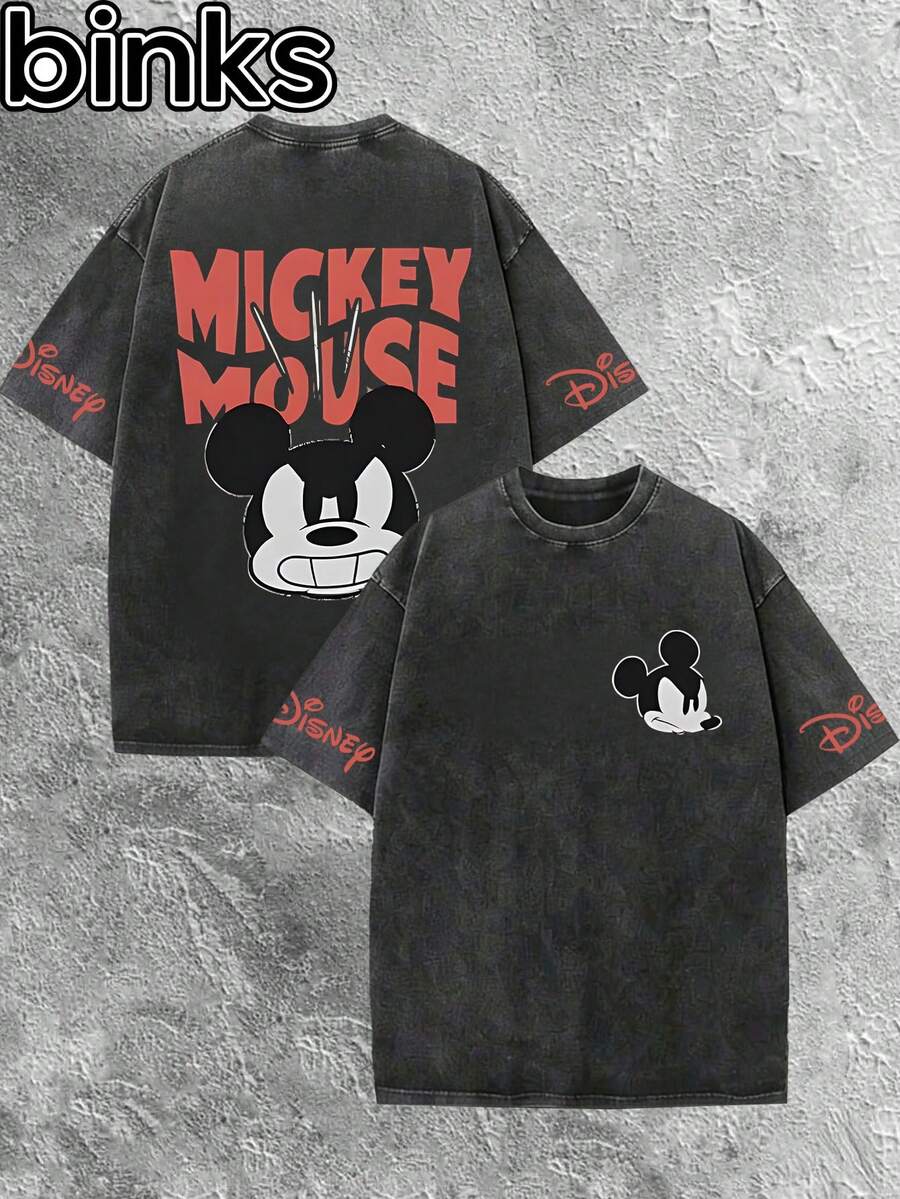 Disney Binks (Double-Sided Printing): Mickey Mouse Retro Element Cartoon Printed Retro Worn-Out Washed Short Sleeved T-Shirt, High Street Fashion Brand Loose Short Sleeved T-Shirt. Spring And Summer Fashionable Versatile Tops, Holiday Gifts, Vintage Prints. - 黑色 - 查看 1