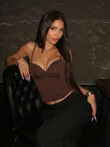 Áo camisole corset đỏ, áo camisole không tay gợi cảm dành cho nữ và áo hai dây, áo crop top hở lưng thời trang Y2K, áo camisole thanh lịch thoải mái mùa hè - Cà phê nâu - Xem 3