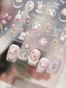 1 pieza Pegatinas de arte de uñas con conejo lindo y tulipán, pegatinas autoadhesivas de decoración de uñas DIY, decoración de primavera para uñas - Multicolor - Ver 3