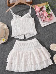 Left Mama Tween Girls' Sweet Versatile White Camisole Top And Ruffled Skirt Set, Suitable For Beach, Vacation And Travel In Summer - White - View 3