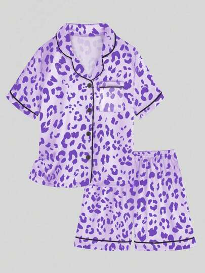 2pcs Tween Girl Purple Leopard Print Short Sleeve Shorts Pajama Set