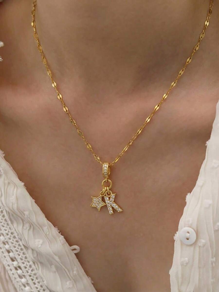 1Pc Petite Stylish Versatile Mini Star Five-Pointed Star Pendant Necklace With Initials Gold & Silver Clavicle Chain For Women & Men Personalized Jewelry - Multicolor - View 1
