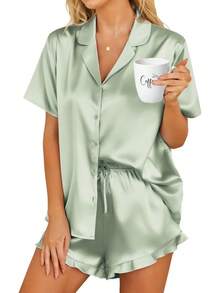 Womens Satin Pajamas Set Button Down 2 Piece Silk Pjs Shorts Set Ruffle Lingerie Notch Collar Sleepwear - Light Green - View 1