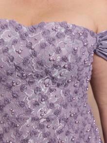 Plus Size Contrast Lace One-Shoulder Elegant Evening Dress, Pearl Decor, Ruffle Hem Maxi Dress, Suitable For Prom, Wedding, Party, Guest Outfit - 紫色 - 查看 8