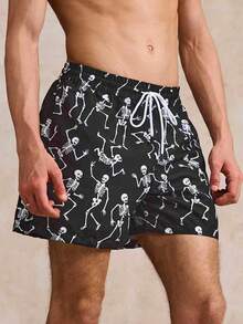 Men's Skull Print Beach Swim Shorts - Black - View 2