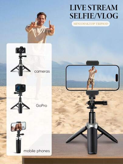 12.2英寸迷你铝合金自拍杆三脚架，桌面手机支架，带手柄，可手持或放置于地面。适用于网络摄像头、G7X Mark III、ZV-1、RX100 VII、A6400、A6600等相机 - 可选配手机支架，适用于多种手机。便携式迷你Vlog支架，一键伸缩，可调节支腿，配备橡胶脚垫，稳定性强，户外运动支架，自拍神器，情人节情侣摄影工具