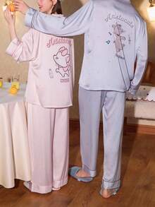 2pcs Disney Marie Cat Print Cotton Couple Pajama Set, Long Sleeve, Spring/Autumn - Pink - View 6
