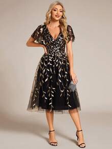 优雅蝴蝶袖亮片花卉婚礼宾客礼服，黑金正式晚礼服，适合派对、宴会、度假等场合 - 黑色和金色 - 查看 5