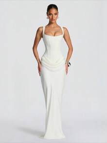 Elegant Temperament Commuting Fashion Party Street Women's Casual Long Sleeved Slim Fit Fishbone Pure Desire Suspender Jumpsuit Long Skirt Slim Fit Solid Color Hip Hugging Dress - 白色 - 查看 1