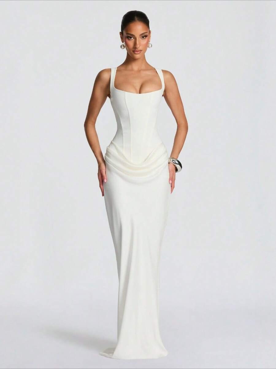 Elegant Temperament Commuting Fashion Party Street Women's Casual Long Sleeved Slim Fit Fishbone Pure Desire Suspender Jumpsuit Long Skirt Slim Fit Solid Color Hip Hugging Dress - 白色 - 查看 1