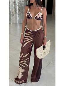 2pcs/Set Women's Summer Beach Bikini Set, Elegant Halter Neck Bikini Set, Floral Print With Contrast Trim Swimsuit, Mesh Beach Pants, Create Casual Beach Style - Brown - View 1