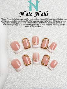 NAIO 10片/套 春夏手工按压式美甲贴片，短方形甲片，Y2K 复古风，金色法式凝胶美甲设计，饰以金色珠子和仿珍珠。适合女性和女孩，可用于派对、日常佩戴，附赠工具包，是送给女士美甲爱好者的绝佳礼物。 - 彩色 - 查看 3