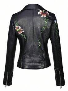 Women's Spring/Autumn Faux Leather Embroidered Commuter Jacket With Belt, Minimalist Versatile Riding PU Jacket For Spring - Black - View 3