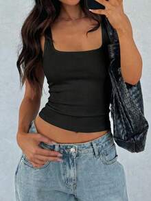 Vaiaye 女士方领无袖吊带背心，性感复古细肩带背心，沙滩度假T恤，女士健身服，适合日常穿着、工作通勤。 - 黑色 - 查看 7