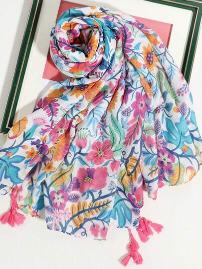 1pc Women's Casual Bohemian Floral & Plant Pattern Tassel Scarf, Suitable For Daily Outings And Street Matching