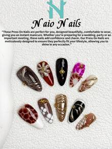 NAIO 10片/套 春夏手工按压式美甲贴片，短款杏仁甲片，Y2K 酷炫风格，法式指甲油，黑色、粉色、棕色和白色，饰以鳄鱼纹花卉图案、猫眼图案、3D 宝石、星星、海星和金珠。适合女性和女孩，可用于派对、日常佩戴，附赠工具包，是送给女士美甲爱好者的绝佳礼物。 - 彩色 - 查看 3