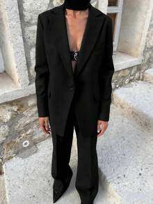 Women's Elegant Black Casual Loose Blazer Jacket And Straight Leg Pants 2 Pieces Suit Set Spring - Black - View 1