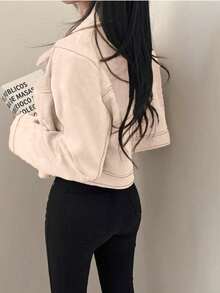 女士仿麂皮拉链翻领休闲外套，适合春秋季穿着 - 杏色 - 查看 2