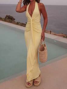 Unadoll 女士性感V领系带露背连衣裙，优雅设计，适合约会、度假、情人节、生日、婚礼宾客、派对和正式场合。 - 黃色 - 查看 7