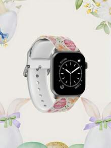 1条涂鸦兔耳蛋图案柔软弹性透气舒适替换表带，兼容三星、荣耀智能手表，尺寸可选38mm、40mm、41mm、42mm、46mm、45mm、44mm、49mm；节日礼物日常时尚休闲多色硅胶表带，兼容苹果手表Ultra SE/11/10/9/8/7/6/5/4/3/2/1；复活节主题表带图案 - 彩色 - 查看 3