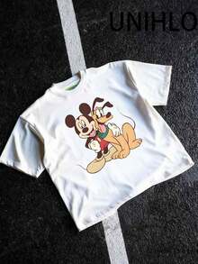 Disney UNIHLO  Street Life Men's Casual Loose   Mickey    Cartoon  Print Short Sleeve T-ShirtSummer - White - View 5