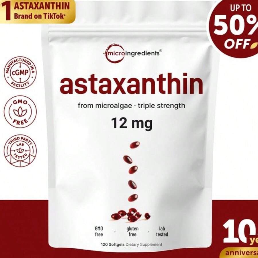 VPOAJ Astaxanthin 12mg, 120 Softgels | 4 Monthly Supply, Natural Tanning, Fresh Microalgae Source, Easy To Swallow - Một - Xem 1