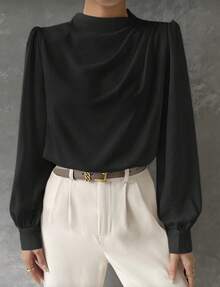 Long-Sleeved Shirt With Asymmetrical Collar, Layered Design, Lantern Sleeves, Casual Elegant Formal For Office Wear, Women's Autumn Knit Button-Down Shirt. - 黑色 - 查看 1