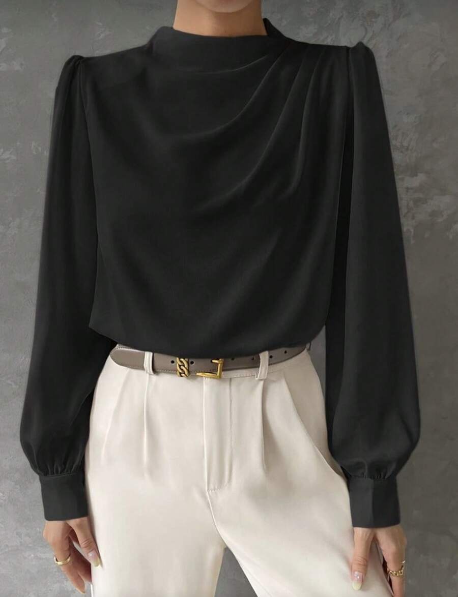 Long-Sleeved Shirt With Asymmetrical Collar, Layered Design, Lantern Sleeves, Casual Elegant Formal For Office Wear, Women's Autumn Knit Button-Down Shirt. - 黑色 - 查看 1