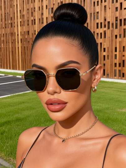 1件装女士金属几何全框复古经典优雅美学高级时尚太阳镜基础款时尚眼镜，适合夏季街头拍照外出穿搭、驾车钓鱼装饰