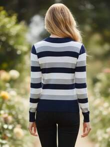 Women's Striped Sweater Blouse | Women's Long-Sleeved Striped Blouse | Striped V-Neck Blouse - 海軍藍/維扎利 - 查看 3