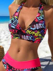 Women's Swimwear Set, Cartoon Print, Criss-Cross Halter Tie, Fashionable Casual Vacation 2-Piece, Spring/Summer Beach - Mixed Colors - View 5