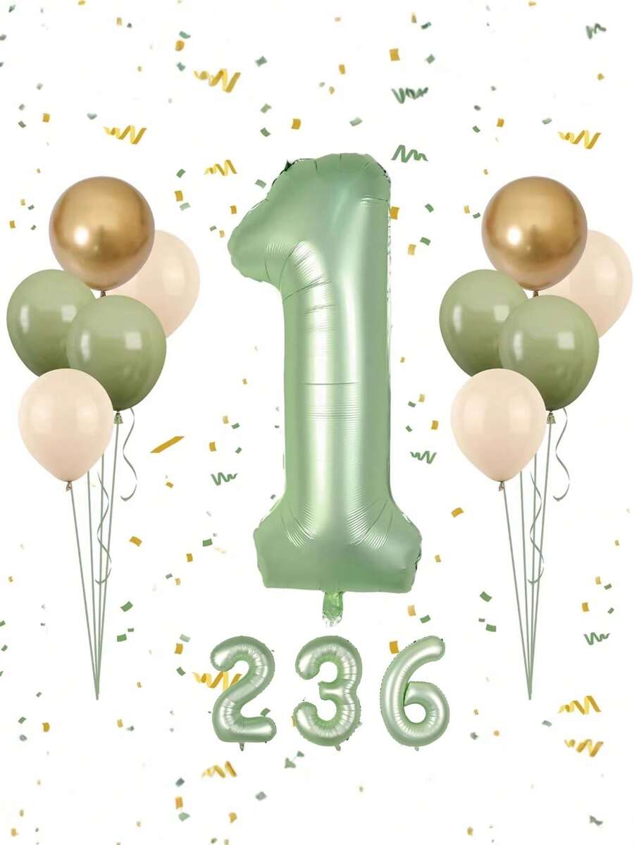 40英寸橄榄绿数字1气球，橄榄绿一周岁生日气球，复古鼠尾草绿和金色乳胶气球，1个铝箔气球，适合婴儿派对、一周岁生日、丛林主题派对装饰 - 彩色 - 查看 1