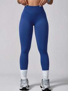 1pc Women's Solid Color Ribbed High Waist Seamless Elastic Outdoor Sports Pants Spring - Navy Blue - View 5