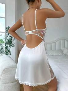 New Mesh Floral Embroidery Bowknot Pajamas 1 Piece + Underwear 1 Set - White - View 5