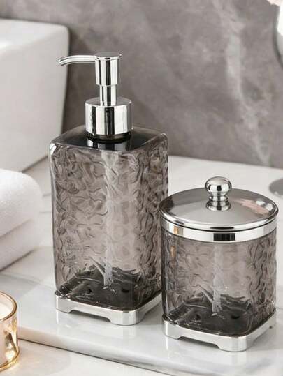 1pc400ML/600ML Hammered Texture Transparent Soap Dispenser With Silver Press Pump Refillable Lotion Bottle Luxury Countertop Dispenser For Bathroom Hand Soap Shower Gel Shampoo Storage Home Washroom Organizer Decor