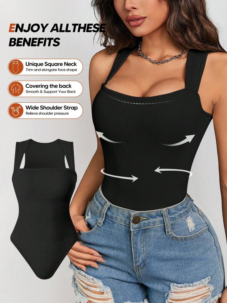 Body de mujer con top corto acanalado y sexy - Negro - Ver 1