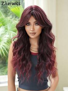 7JHH WIGS Highlights Red Extra Long Wave Wigs For Women 28 Inch Extra Long Wavy Wig With Curtain Bangs, Heat Resistant Fiber Hair Synthetic Curly Wig For Daily & Music Festival Party Wear, Halloween Cosplay Costume Use Fashion Wig Accessories - 挑染紅色 - 查看 5