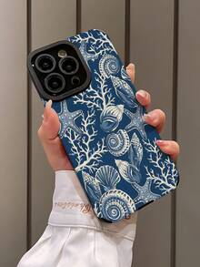 1件装简约个性化海洋元素线条画贝壳海星图案竖款仿皮纹理防滑防摔软手机壳，适合作为礼物送给朋友和爱人，兼容苹果 17/17AIR/17PRO/17PROMAX - 彩色 - 查看 3