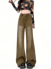 高腰复古美式修身直筒九分女式牛仔裤，休闲春季款 - 卡其色 - 查看 2