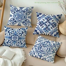 4pcs Watercolor Blue And White Porcelain Tile Art Print Cushion Cover (No Pillow Insert), Made Of Polyester Fabric, Single-Sided Printing, 17.7*17.7in(45*45cm)/19.69*19.69in(50*50cm)/15.75*15.75in(40*40cm), Baroque Style Decorative Pillow Case For Sofa, Bed, Bedroom, Office, Hotel, All Season, Gift - Multicolor - View 1