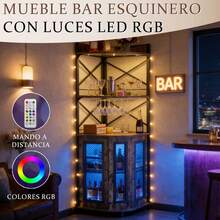 Muebles de cocina, vinoteca con luces LED, barra de bar para el hogar, con toma de corriente, botellero de cinco niveles para copas de vino, mueble de almacenaje, ideal para comedores, salas de estar y despachos - Marrón - Ver 5