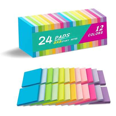 (24 Pads) Sticky Notes 3x3 Inches,Bright Colors Self-Stick Pads, Easy To Post For Home, Office, Notebook