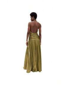 Sleeveless Backless Women's Metallic Pleated Split Strap Neck Dress - 粉色 - 查看 5