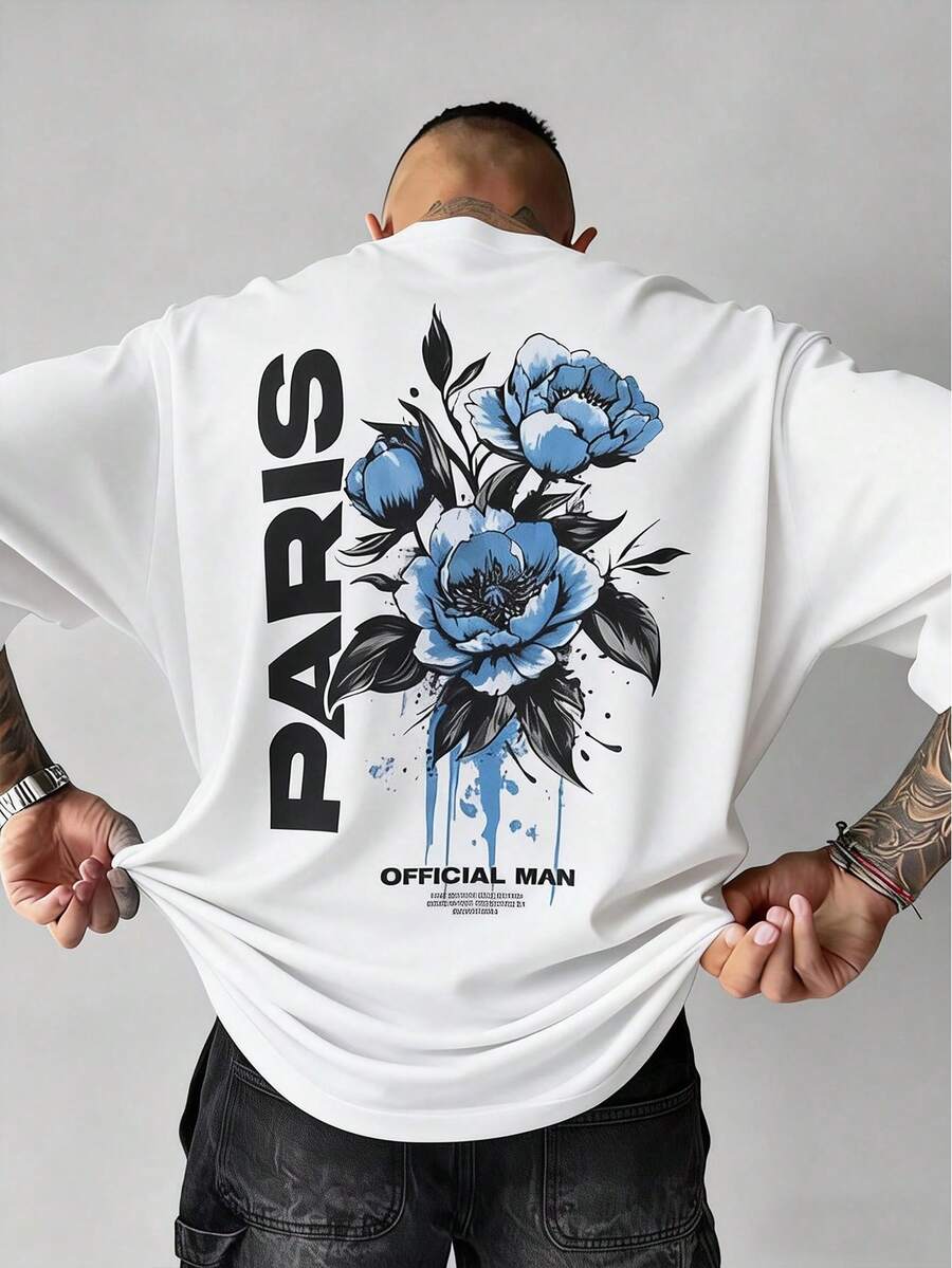 Orcacoatings Men's "Paris" Blue Peony Back Print White Tee, Loose Fit Crew Neck Casual T-Shirt With Vibrant Floral Graphic, Retro Vacation Top Perfect For Daily Wear, Travel & Summer Outings,Summer Tops,Puerto Rico Vacation Outfits - 白色 - 查看 1
